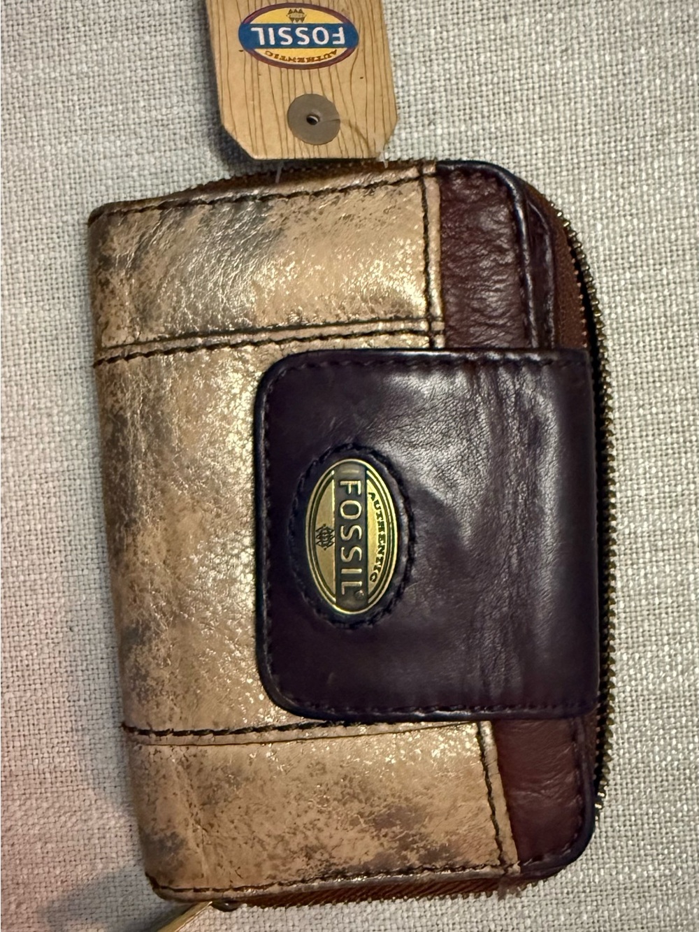 Fossil Gold Metallic and Dark Brown Leather Zip Wallet
